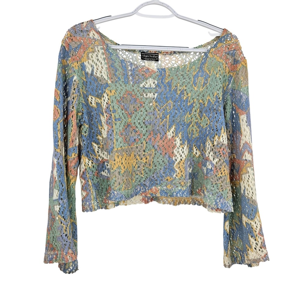 Vintage y2k Objects Dart Crochet Crop Top Multicolor Abstract Knit Bell Sleeve S